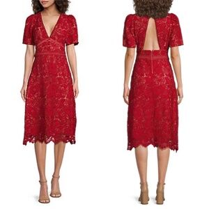 NWT Adelyn Rae Eyelet Embroidered V-Neck Lace Red MIDI Dress